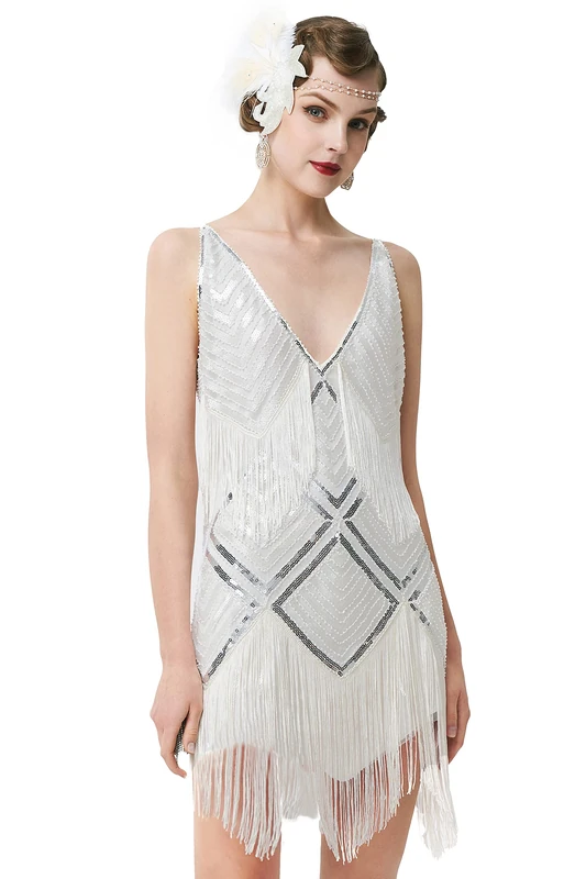 BABEYOND Women's 1920s Flapper Dress V Neck Slip Dress Roaring 20s Great Gatsby Dress for Party, White, L