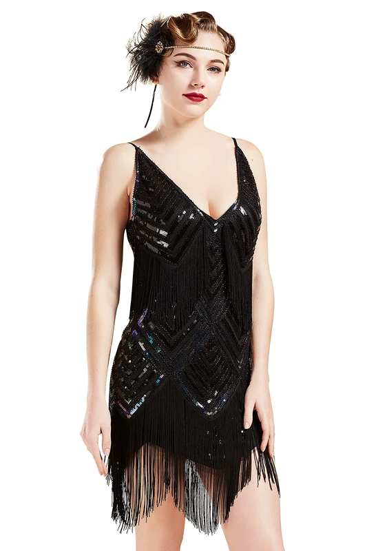 BABEYOND Women's 1920s Flapper Dress V Neck Slip Dress Roaring 20s Great Gatsby Dress for Party, Black, S
