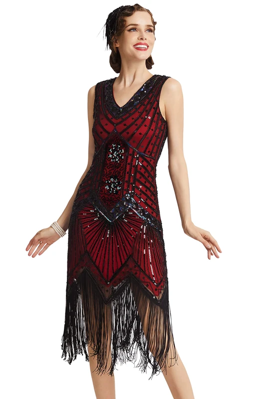 BABEYOND Women's Flapper Dresses 1920s V Neck Beaded Fringed Great Gatsby Dress (Red, XXXL)