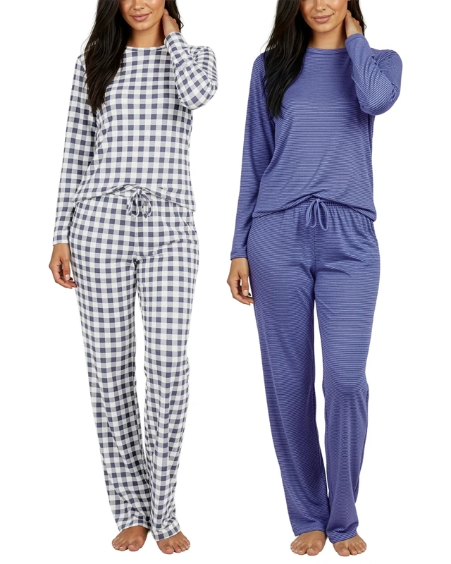 Real Essentials 1 & 2 Pack: Women's Pajama Set Crew Neck Printed Long Sleeve Top and Pants Loungewear - Multicolored - Medium