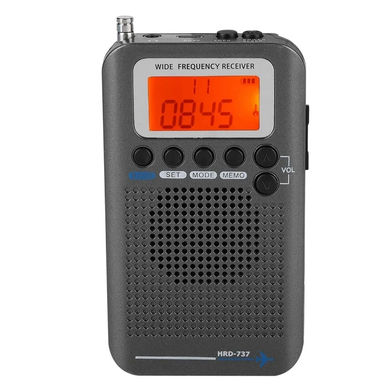 VHF Airband Radio Receiver,AIR/FM/AM/CB/VHF/SW Portable Full Band Aircraft Hand-held Travel Radio Recorder with Extended Antenna,Build in Battery,Wide Frequency LCD Display with Alarm, Earphone