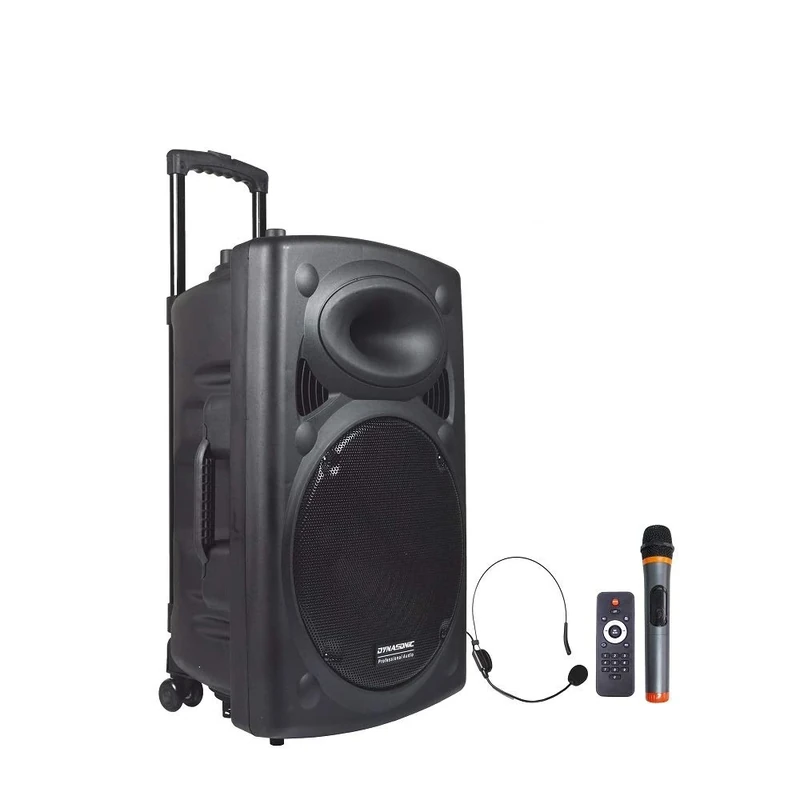 DYNASONIC Dynapro 15, Powerful professional speaker, USB/SD/AUX/MP3/2 Black microphones (1 Bluetooth, 1 wired), contains a karaoke mode