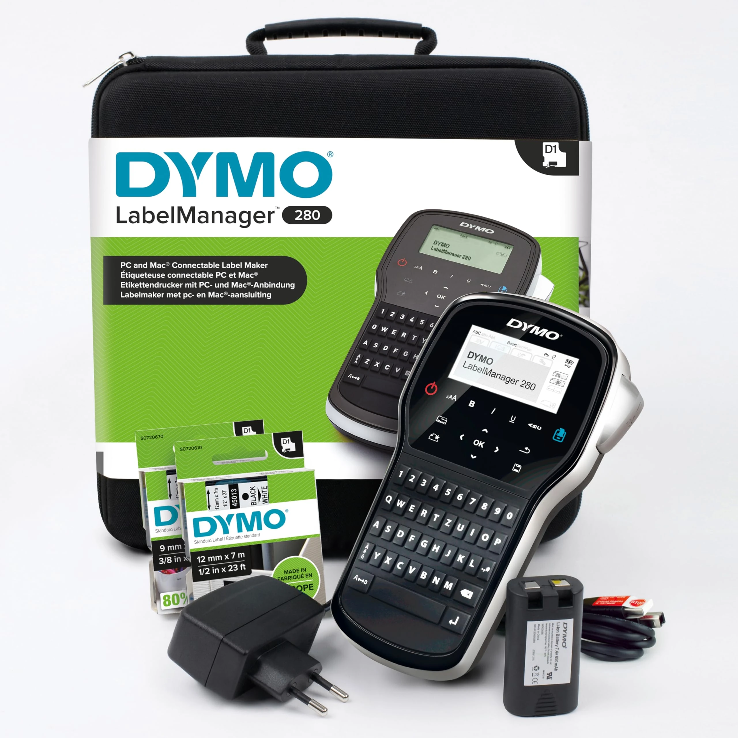 DYMO LabelManager 280 Rechargeable Handheld Label Maker Kit | QWERTY Keyboard | with 2 Rolls of D1 Labels & Carrying Case