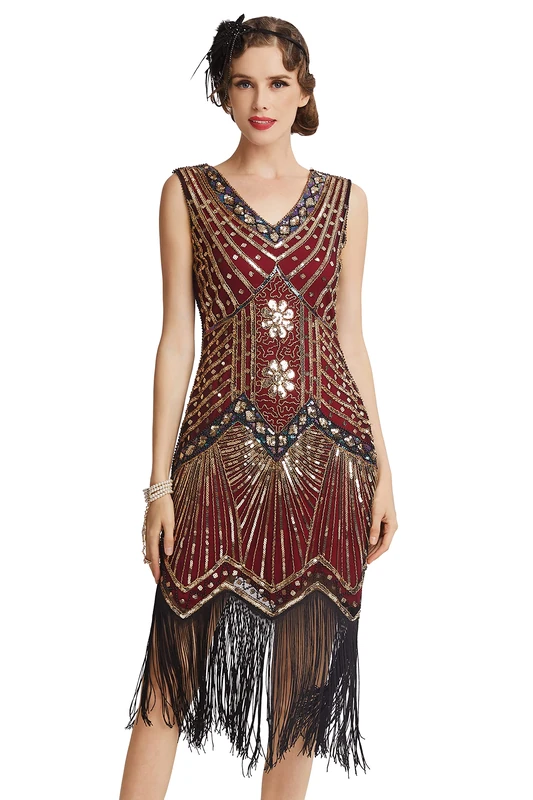 BABEYOND Women's Flapper Dresses 1920s V Neck Beaded Fringed Great Gatsby Dress (GoldWinered, XXL)