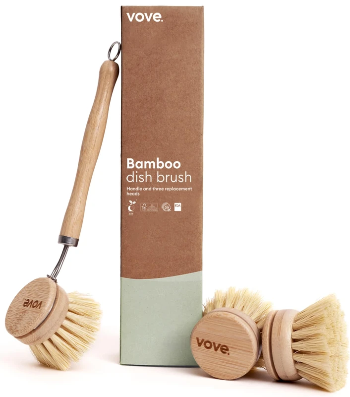 Vove Bamboo Washing Up Brush, FSC-Certified - Includes 3 Replacement Heads - Natural Fibre Bristles - Non-Toxic, Plastic-Free - Kitchen Scrub Brush for Pots, Pans & Dishes