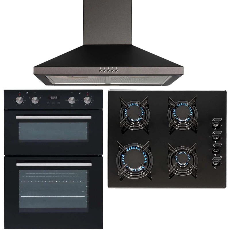 SIA 60cm Black Double Electric Fan Oven, 4 Burner Gas On Glass Hob & Cooker Hood
