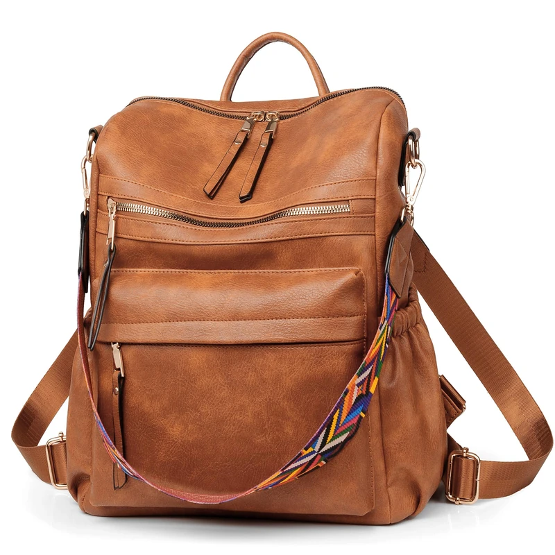 Dora & Liz Women Backpack Purse, Fashion Leather Designer Ladies Rucksack, Convertible Travel Shoulder Bag with Colorful Strap, Pu Brown, M - Image 1