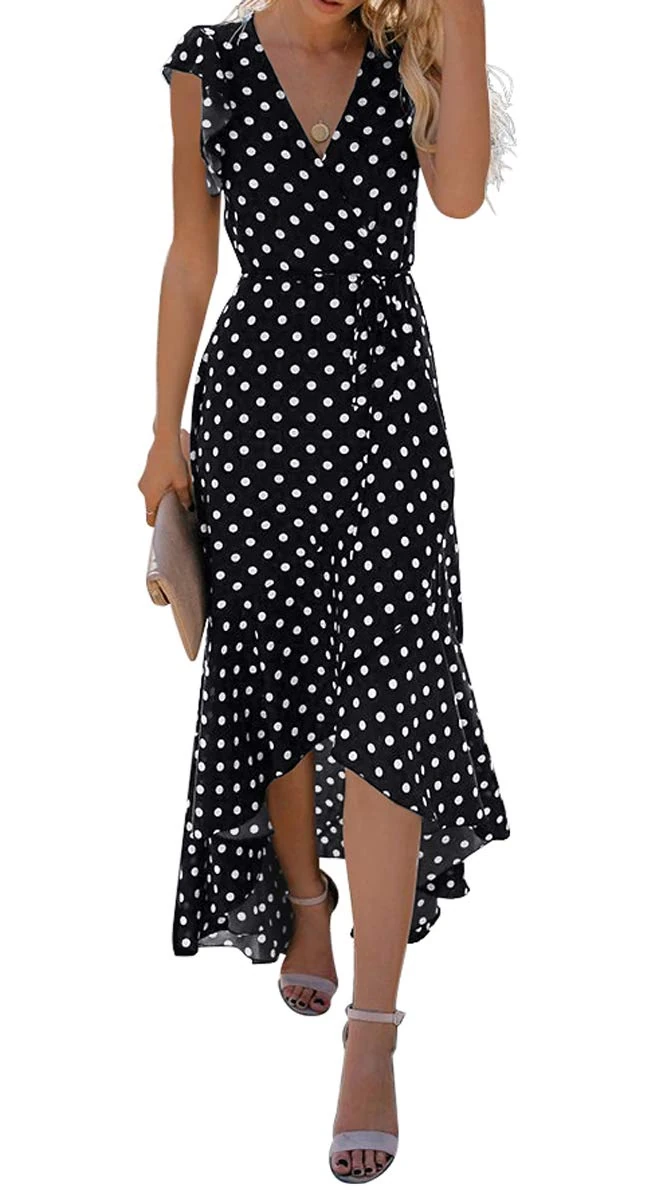 GRECERELLE Womens Summer Maxi Dress Boho Floral Cocktail Midi Polka Dot Wrap Dresses V Neck Casual Party Bohemian Flowy Long Dress for Ladies