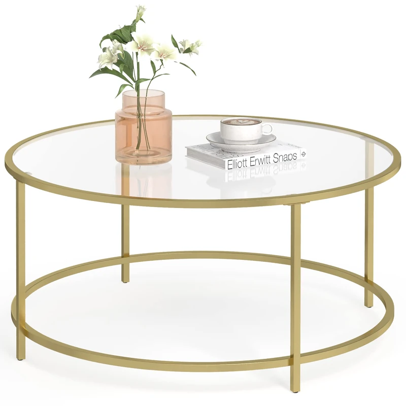 VASAGLE Living Room Coffee Table Living Room Glass AER Frame Round Coffee Table Gold LGT21G