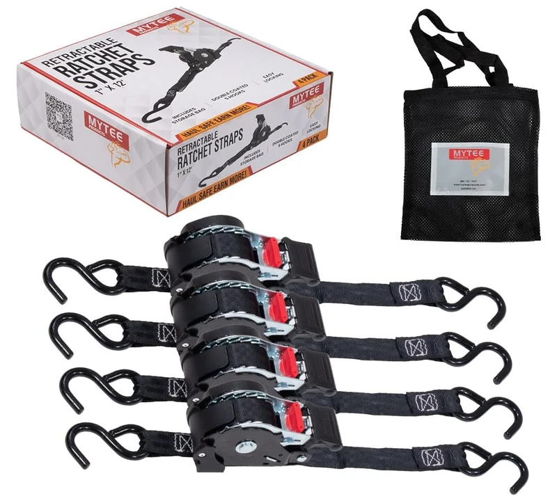 Mytee Products 4 Auto Retract NO-RATCHETING Ratchet Straps | 1" x 12' Retractable Ratchet Straps with Coated S Hook Tiedowns for Motorcycles, ATVs, Bikes: Tight & Secure Pickup Trailer Tie-Down