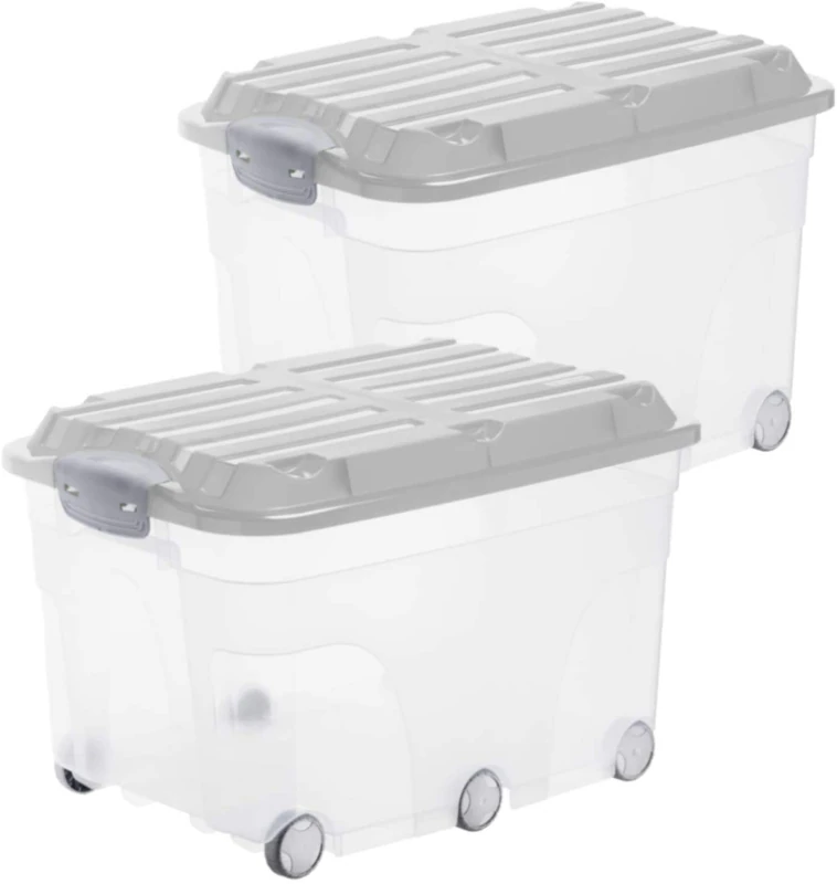 Rotho Roller 6 Set of 2 storage boxes 57 l with lid, Plastic (PP) BPA-free, transparent/grey, 2 x 57l (60,0 x 40,0 x 37,0 cm)