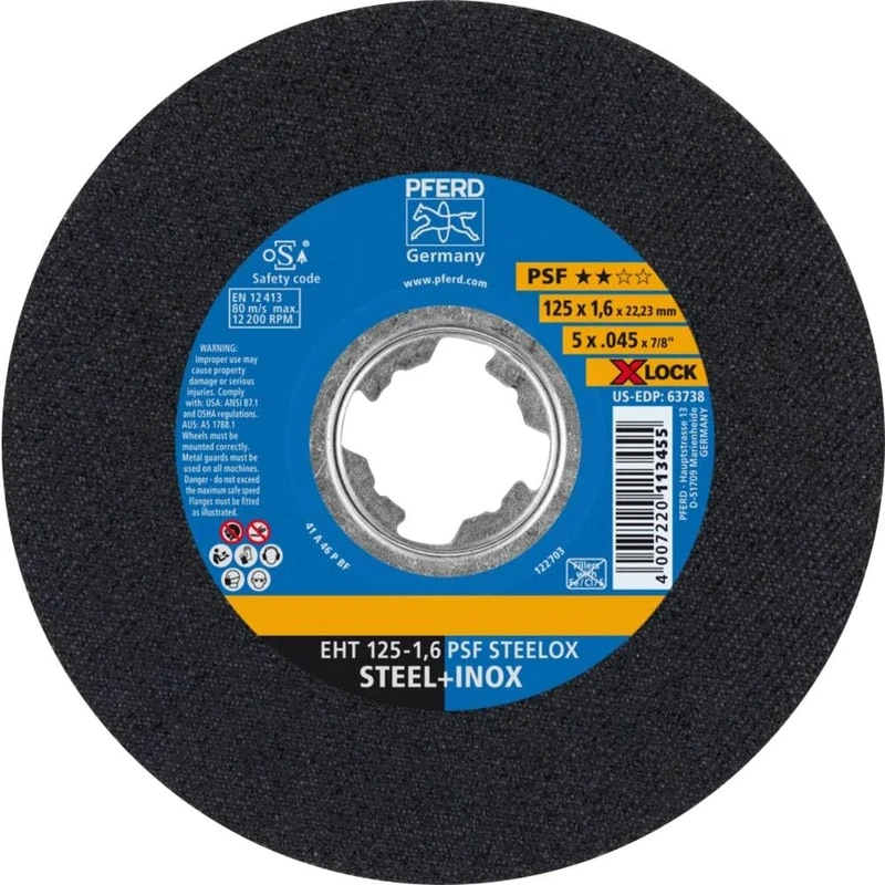PFERD 25 x Cutting Disc, 125 x 1.6 mm, Straight, X-Lock (22.23 mm), PSF Steelox, 61721124 - for Quick and Comfortable Tool Change