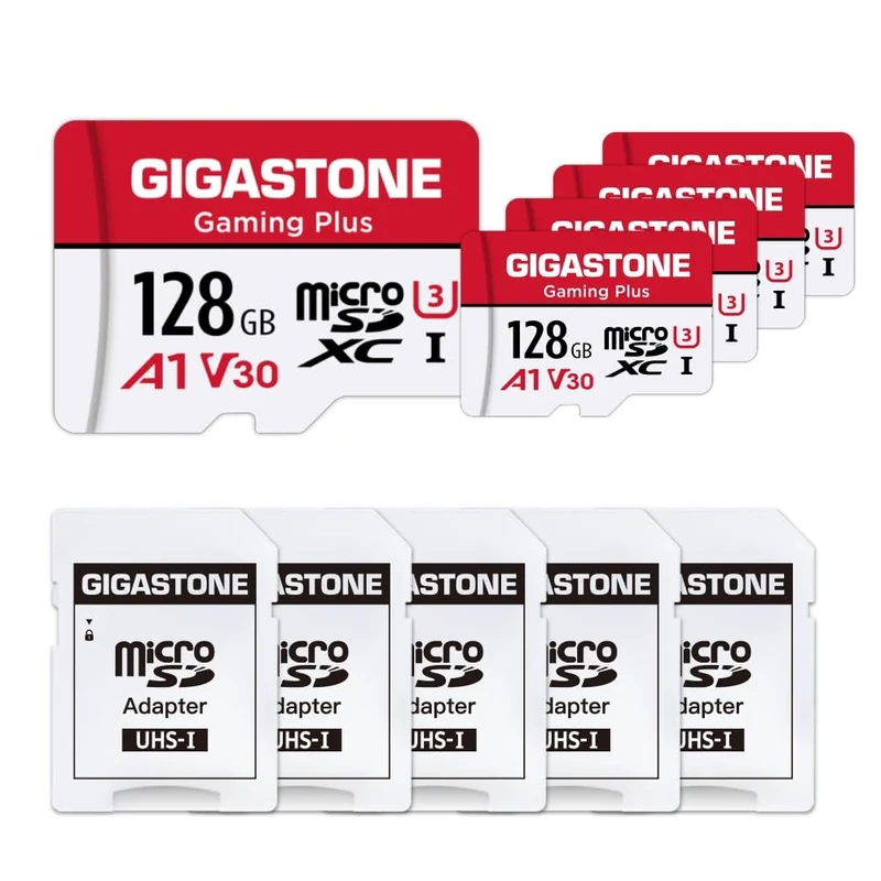 For Switch 1 OnlyGIGASTONE Micro SD Card 128GB 5-Pack, Gaming Plus, MicroSDHC Memory Card for Nintendo-Switch 1, Full HD Video Recording, UHS-I U1 A1 Class 10, up to 100MB/s, with SD Adapter