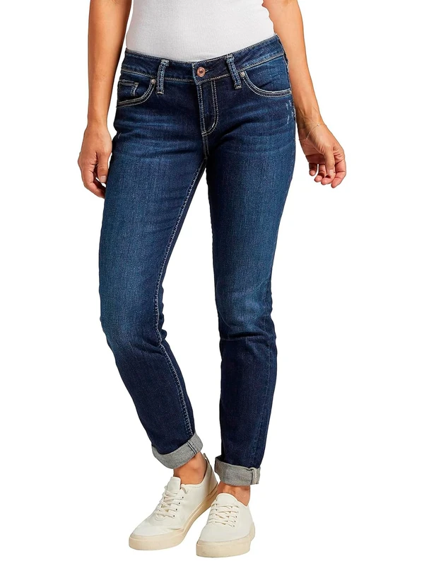 Silver Jeans Co. Women's Boyfriend Mid Rise Slim Leg Jeans, Deep Dark Indigo Wash, 26W x 29L