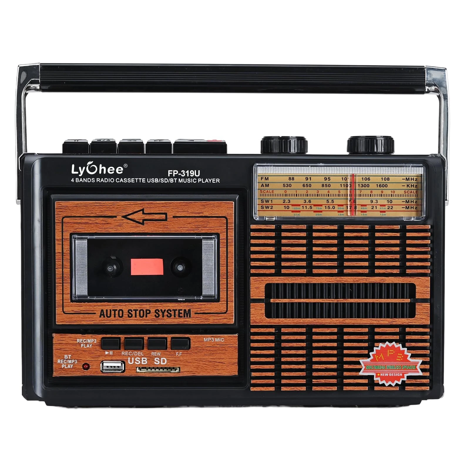Lychee Boombox Portable Retro Cassette Tape Player and Recorder with AM/FM/SW1-2 Four Bands Radio,Built-In Speaker,3.5mm Headphone Jack,Support SD/USB Input (Brown F319U)