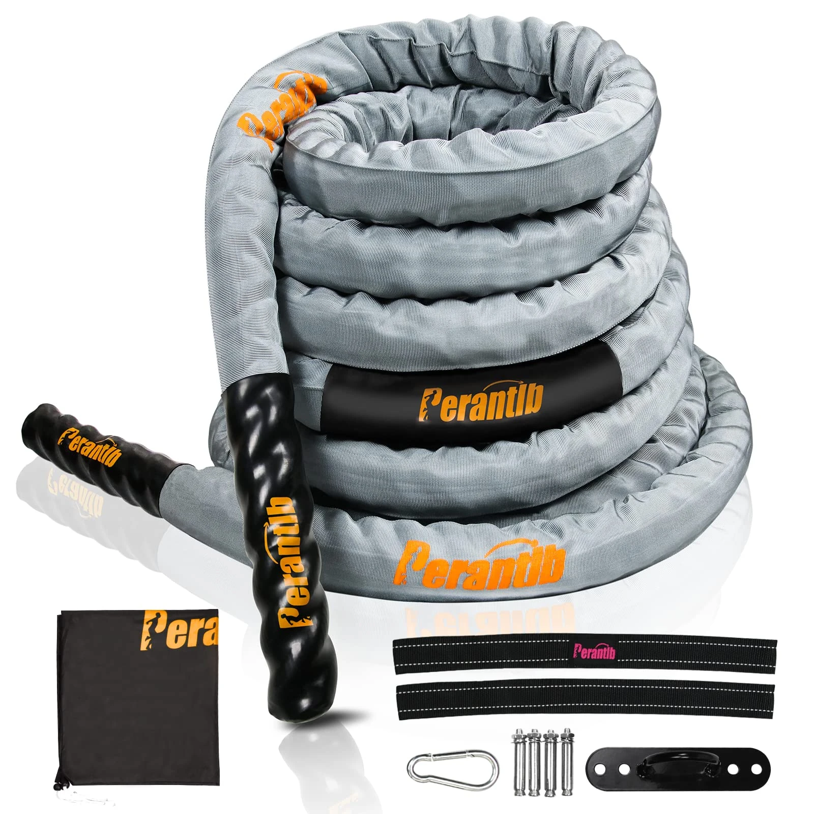 Perantlb 100% Poly Dacron Heavy Grey Battle Rope - 2", 30' 40' 50' Length - Upgraded Durable Protective Sleeve - Gym Muscle Toning Metabolic Workout Fitness - Anchor Strap Kit Included (2" x 40 ft)