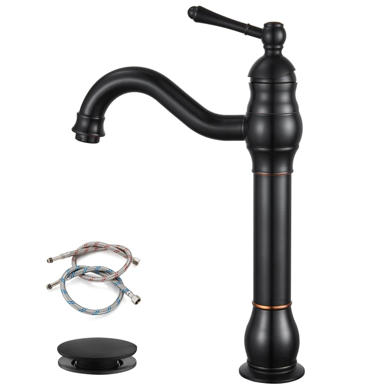 Oil Rubbed Bronze Vessel Sink Faucet Bathroom 360° Swivel with POP UP Drain Without Overflow Single Lever Handle Bowl One Hole Tap Mixer