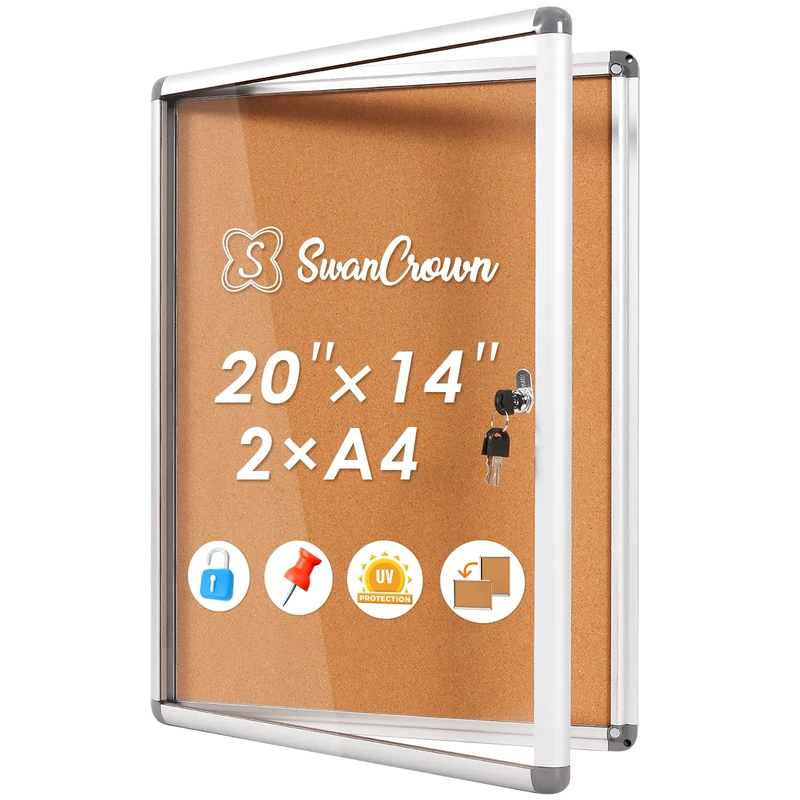 SWANCROWN Lockable Notice Board 49x36cm, Cork Pin Board for Office School Home, Tamperproof Display Board for Poster (2xA4)