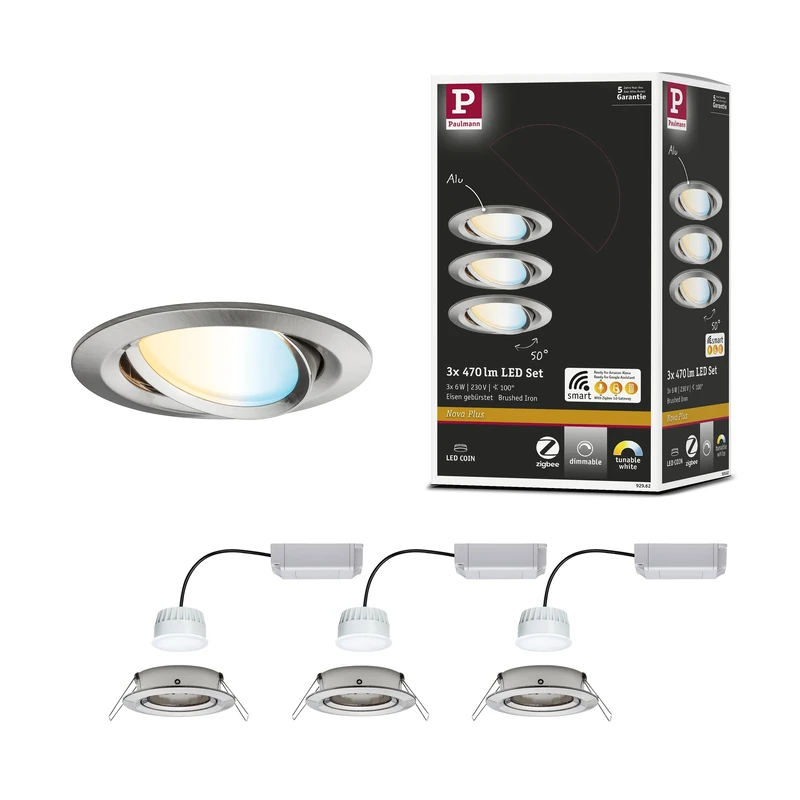Paulmann 92962 Nova Plus LED recessed luminaire Smart Home Zigbee Set rnd. Swivel 3x6W Tunable White dim Brushed Iron spot Aluminium zinc 2700K