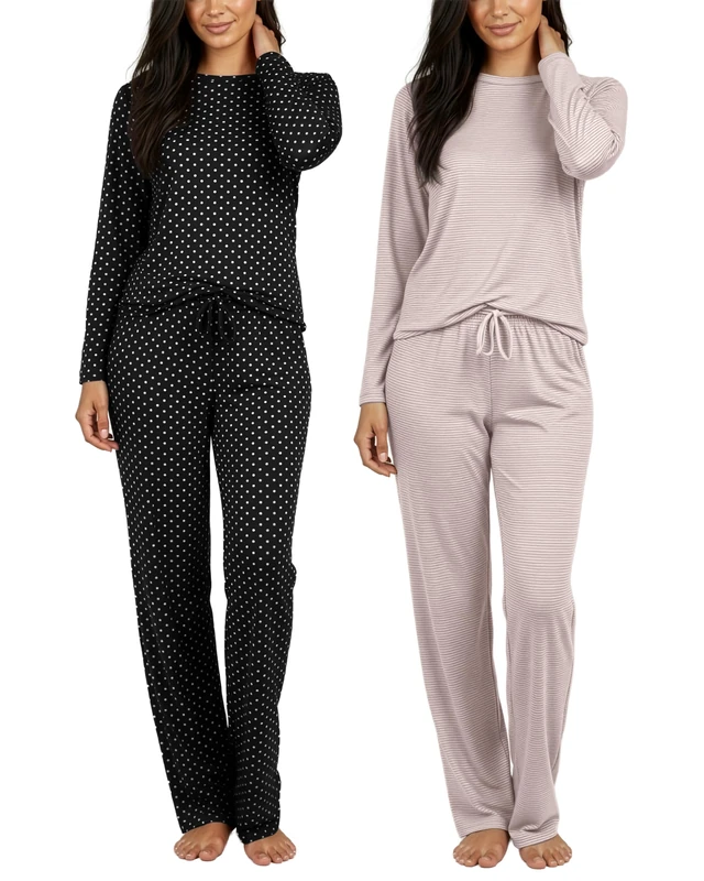 Real Essentials 1 & 2 Pack: Women's Pajama Set Crew Neck Printed Long Sleeve Top and Pants Loungewear - Multicolored - Large