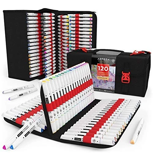 ARTEZA Everblend Art Markers in Organizer Case, 120 Colors, Alcohol Based Sketch Markers with Dual Tips (Fine and Broad Chisel) for Painting & Drawing