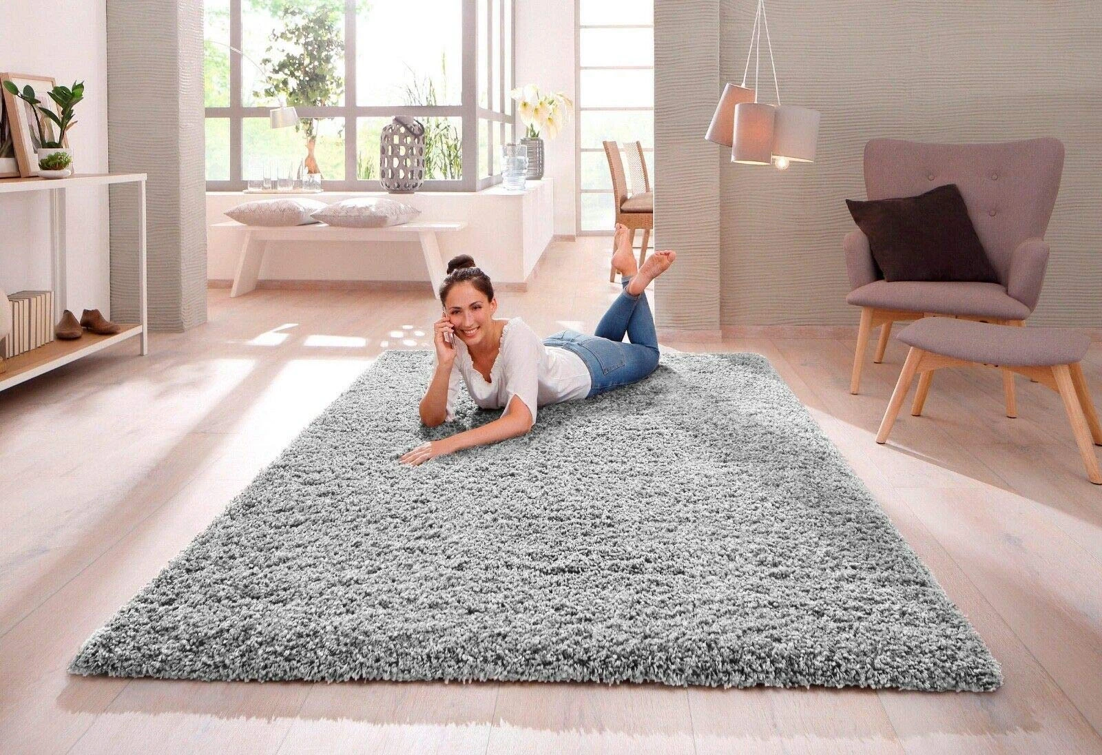 SHAGGY RUG Modern Rugs Living Room Extra Large Small Rectangular Size Soft Touch 30MM / 3cm Thick Pile Living Room Area Rugs Non Shedding (Silver Light Grey, 120cm x 170cm (4ft x 6ft))