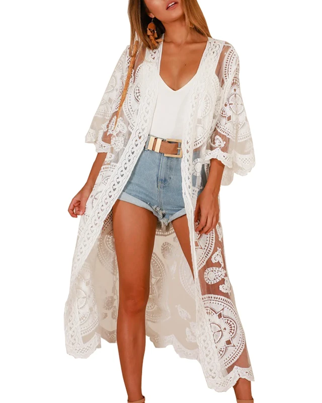 Women’s Lace Kimono Swimsuit Cover Up Beachwear Bikini Coverup Long Sheer Floral Bathing Suit Summer Holiday Beach Dress - Image 1