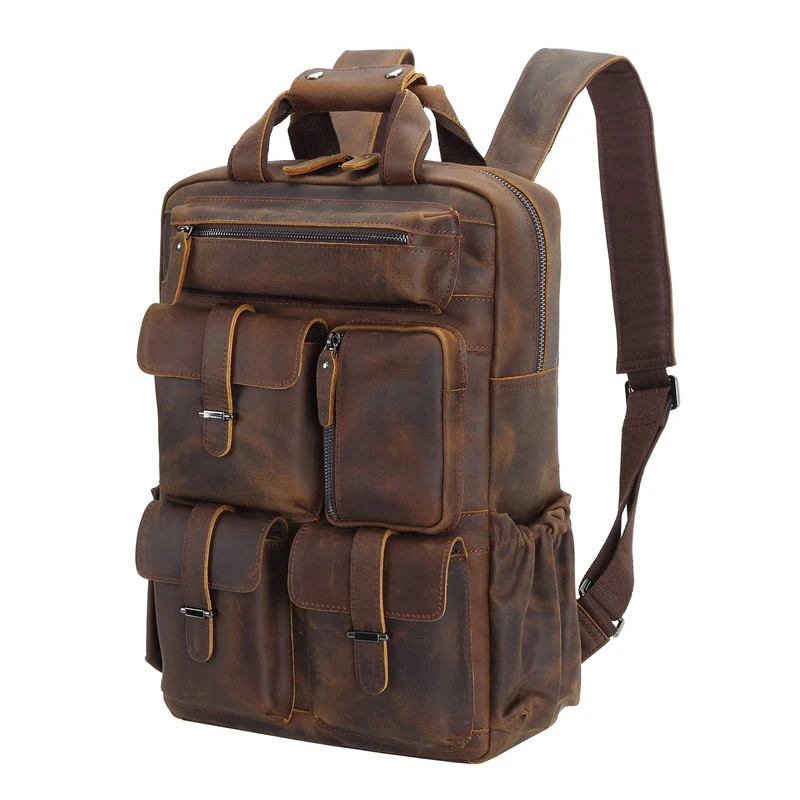 Polare Cowhide Leather Multiple Laptop Backpack Day Pack Travel Bag Satchel For Men