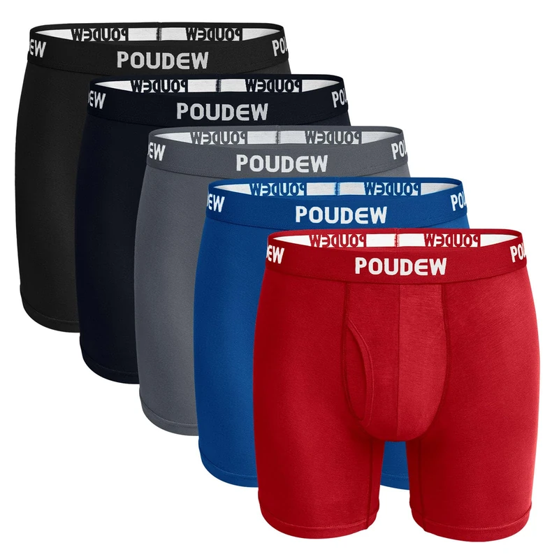 POUDEW Men's Underwear, Tagless Soft Viscose Underwear Boxer Briefs for Men, Pack of 5, B: Bk/Gy/Nvy/Bu/Rd (Fly), M