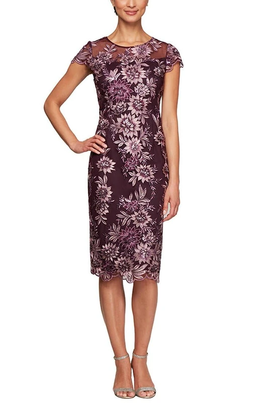 Alex Evenings Women's Short Floral Embroidered Cocktail Sheath Dress, Wedding Guest, Formal Gown (Petite and Regular Sizes) Special Occasion, Plum, 16