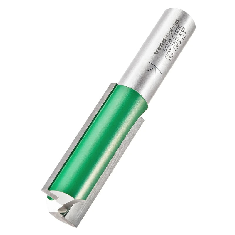 Trend CraftPro Straight Two Flute Router Cutter Bit, 1/2 Inch Shank, 18mm Cut Diameter & 50mm Cut Length, Tungsten Carbide Tipped, C028CX1/2TC