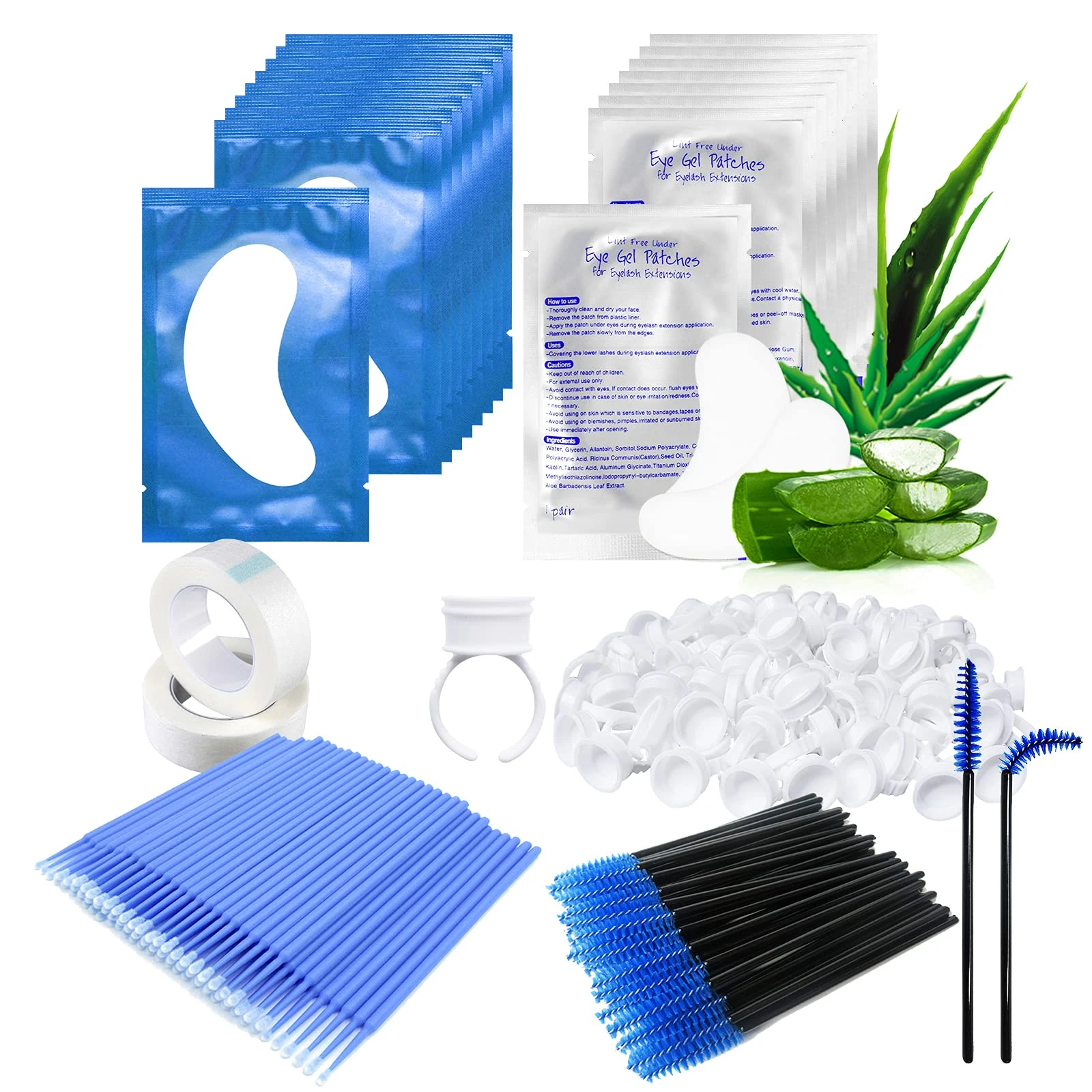 Eyelash Extension Supplies Kit Blue - Under Eye Pads, Disposable Mascara Wands, Glue Rings Holder, Micro Applicators Brush, Eyelash Tapes, with a Gift Bag, Beauty Tools Lash Kit for Eyelash Extensions