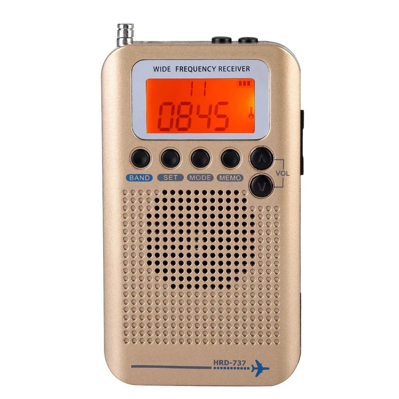 Bewinner Portable Aircraft Radio Receiver - Full Band AIR/FM/AM/CB/SW/VHF, LCD Display with Backlight (Gold)
