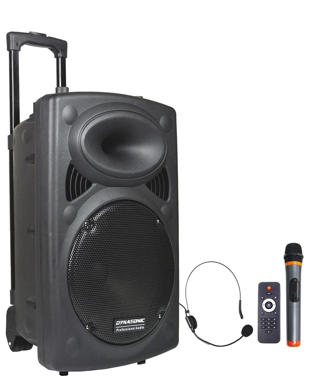 DYNASONIC - Dynapro 12, Powerful professional speaker, FM Radio/USB/SD/AUX/MP3/2 Black microphones (1 Bluetooth, 1 wired), contains a karaoke mode