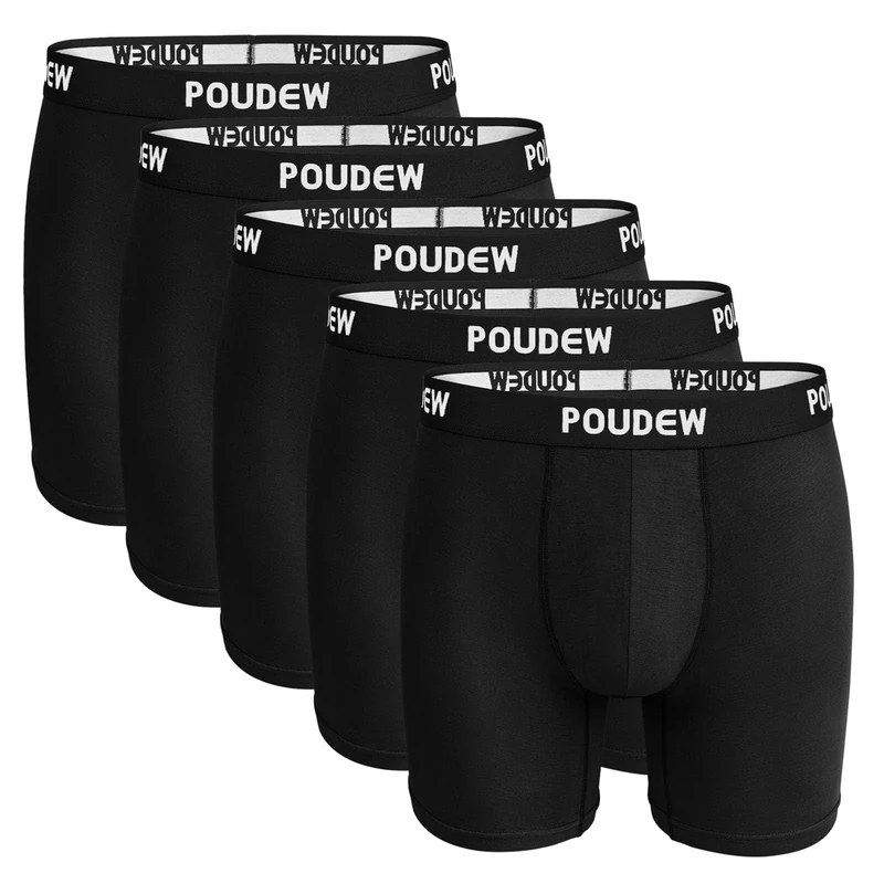POUDEW Men's Breathable Viscose Moisture Wicking No Roll Waistband Tagless Underwear Boxer Briefs, Pack of 5, D: Bk/Bk/Bk/Bk/Bk (No Fly), M