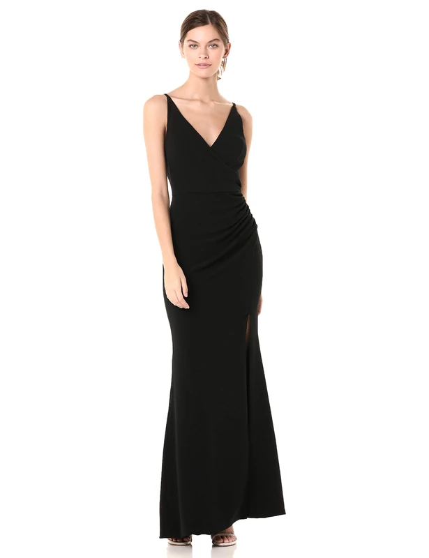 Dress the Population Women's Jordan Plunging Drape Front Sleeveless Long Gown with Slit Dress, Black, Small
