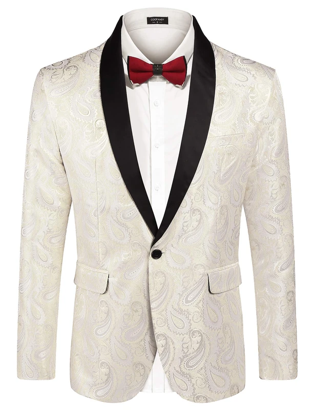 COOFANDY Mens Floral Tuxedo Jacket Paisley Shawl Lapel Suit Blazer Jacket for Dinner,Prom,Wedding, Beige, L