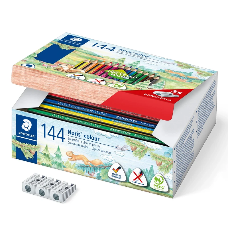 Staedtler Noris Colour Colouring Pencils, Ergonomic Triangular Format, Non-Slip Soft Surface, High Break Resistance, WOPEX Material, 144 Colouring Pencils in 12 Colours and 3 Sharpeners, 187 C144