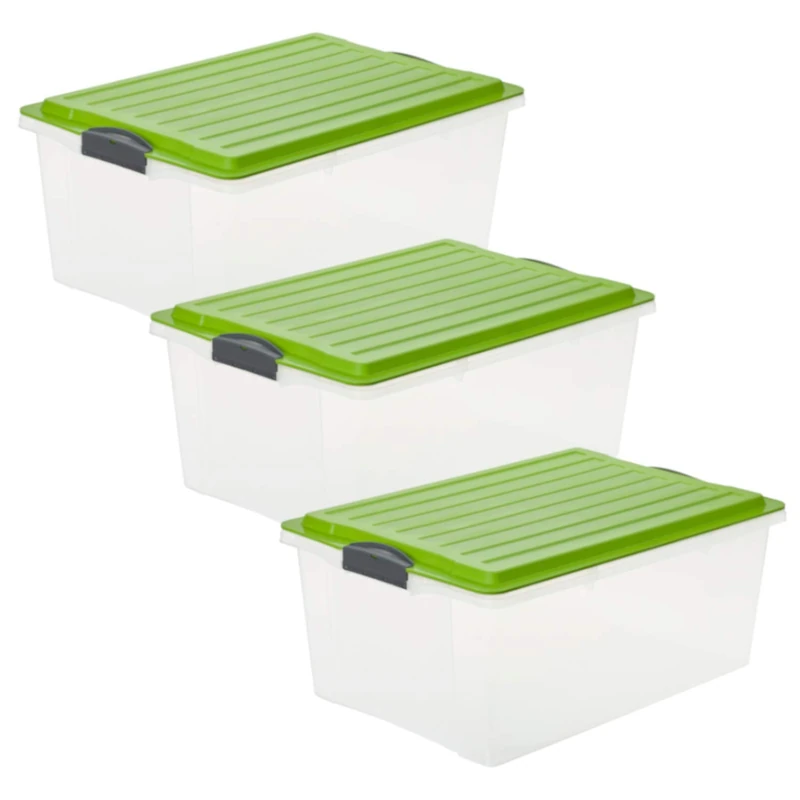 Rotho Compact Set of 3 Storage Boxes 38 Litre with Lid, Plastic (PP) BPA-free, Transparent/green, 3 x A3/38 Litre (57.0 x 40.0 x 25.0 cm)