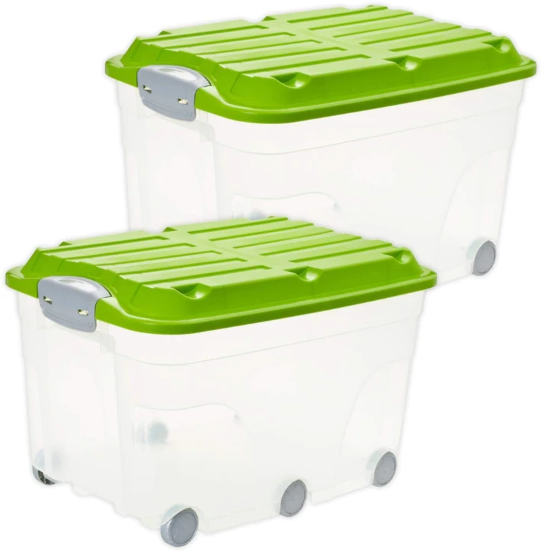 Rotho Roller 6 Set of 2 storage boxes 57 l with lid, Plastic (PP) BPA-free, Transparent/Green, 2 x 57 l (60,0 x 40,0 x 37,0 cm) - Image 1