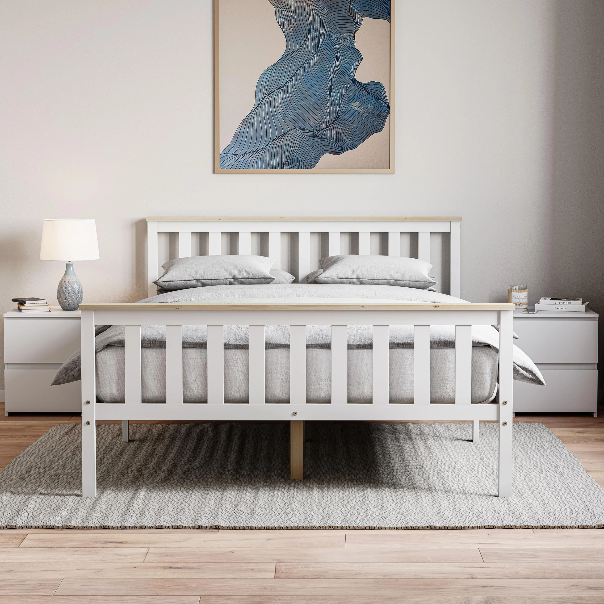 Vida Designs Milan Double Bed, 4ft6, Bed Frame, Solid Pine Wood, Headboard, High Foot End Bedroom Furniture, White And Pine