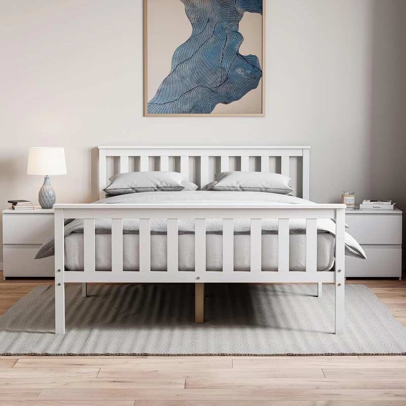 Vida Designs Milan Double Bed, 4ft6, Bed Frame, Solid Pine Wood, Headboard, High Foot End Bedroom Furniture, White
