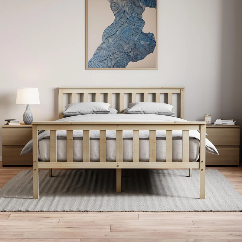 Vida Designs Milan Double Bed, 4ft6, Bed Frame, Solid Pine Wood, Headboard, High Foot End Bedroom Furniture, Pine