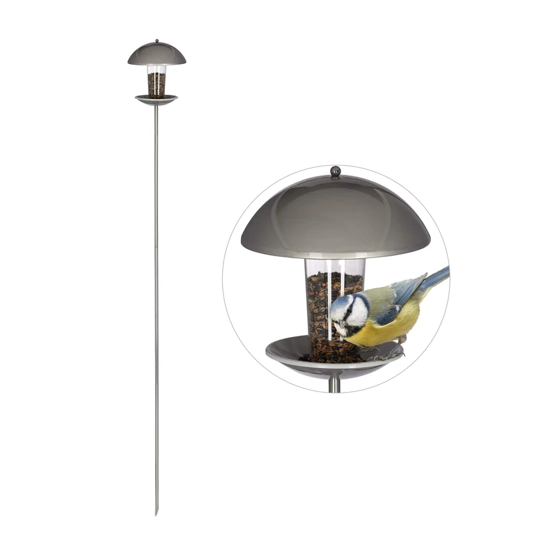 Relaxdays Bird Feeder, Birdhouse, Standing or Hanging Seed Dispenser, Garden & Balcony, H: 172 cm, Silver