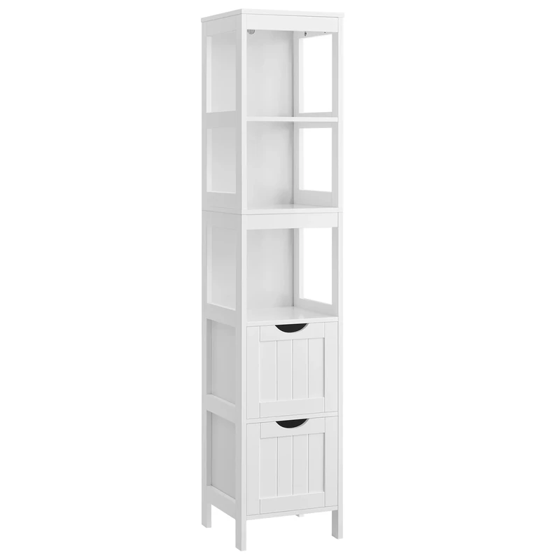 VASAGLE Bathroom Floor Cabinet, Freestanding Bathroom Storage Unit, with 2 Drawers, 3 Open Compartments, for Bathroom, Living Room, Kitchen, Modern Style, White BBC66WT