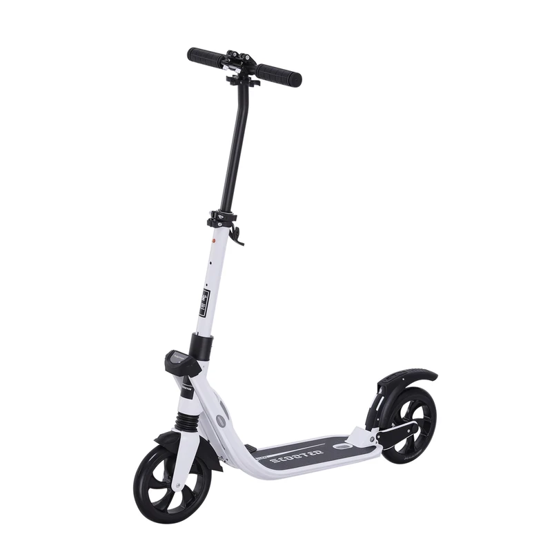 HOMCOM Folding Kick Scooter Hight-Adjustable Urban Scooter w/Rear Brake, Double Shock Absorption System & 2 Big Wheels, For 14+ Teens Adult, White