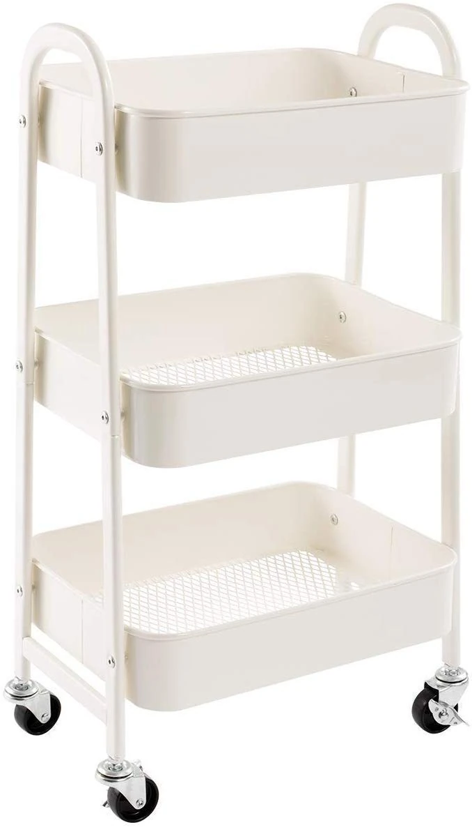 DOEWORKS Storage Trolley on Wheels Kitchen Trolleys Metal 3-Tier Trolley for Book Beauty Craft Trolleys Rolling Utility Storage Cart for Room Bathroom Office, White
