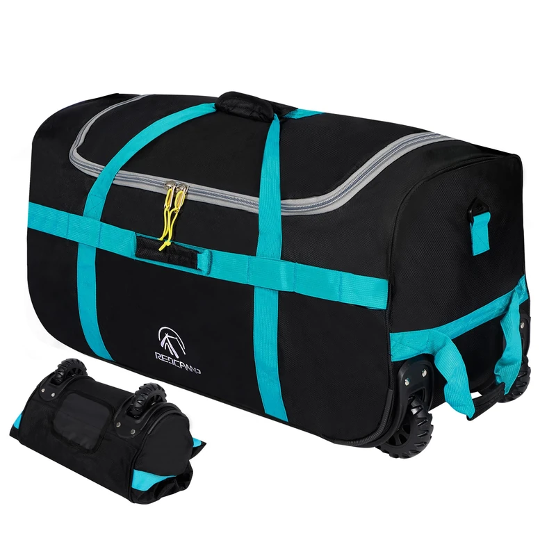 REDCAMP 85L Foldable Duffle Bag with Wheels 26", 1680D Oxford Collapsible Large Duffel Bag with Rollers for Camping Travel Gear, Black