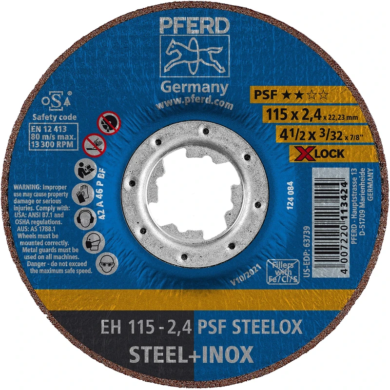 PFERD Cutting Disc, Pack of 25, 115 x 2.4 mm, Offset, X-Lock (22.23 mm), PSF Steelox, 61740115 - for Quick and Convenient Tool Change