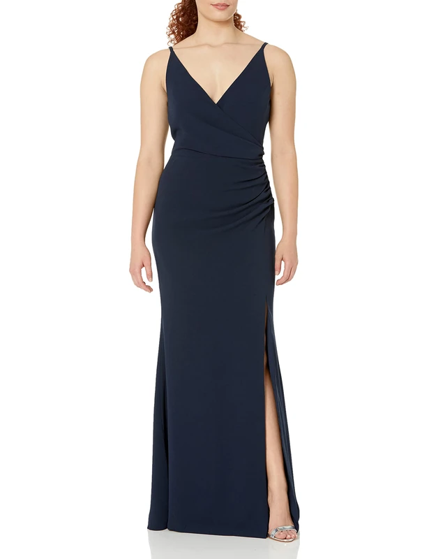 Dress the Population Women's Jordan Plunging Drape Front Sleeveless Long Gown with Slit Dress, Navy, Medium